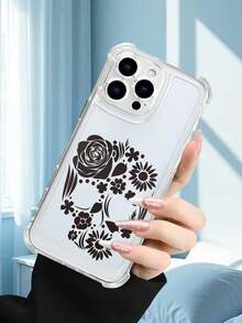 1PC Funda transparente con diseño de calavera floral en negro estilo artístico y retro protección contra caídas delgada ideal para mujeres uso diario diseño elegante y misterioso regalo perfecto para pareja funda transparente resistente a golpes, compatible con Apple Phone17/16/15/14/13/12/11/XS/XR/X/PLUS/PRO/PROMAX agarre cómodo regalo festivo para amigos, novia, novio, familia - transparente - Ver 3