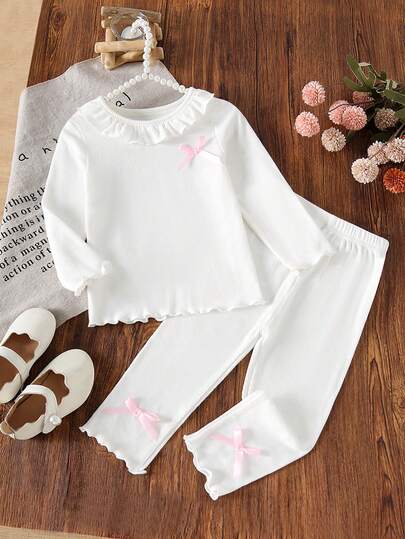 2pcs Baby Girls Autumn/Winter Outfit: Ribbed Ruffle Collar Top + Butterfly Decor Long Pants, Sweet Casual Elegant Cute Suit For Little Girls