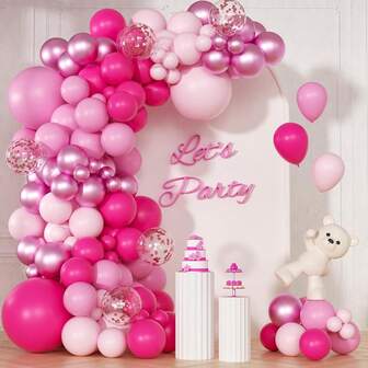 102Pcs Pink Balloon Garland Arch Kit - Emulsion Balloons For Wedding, Bridal, Birthday, Princess, Valentine's Party Decorations - Metallic, Confetti, Rose Red Variety - Ages 3-6, No Electricity Needed