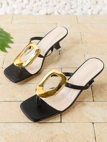 European & American Style Black & Gold Metal Square Toe Flip Flops, French Metal Buckle Thong Sandals For Women, Niche Design Thin Heel Roman Shoes - Black - View 3