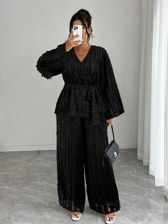 大码优雅纯色提花纹理系带裹身衬衫和裤子两件套