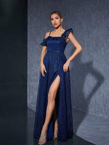 Embroidered Lace Off‑The‑Shoulder Spaghetti‑Strap Evening Gown With Ruffled Neckline And Front Slit (Luxury) - Navy Blue - View 1