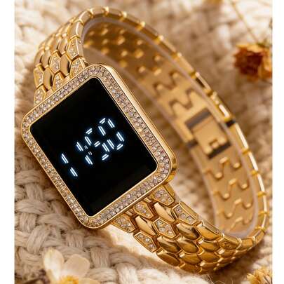 1 pieza Reloj electrónico de mujer con esfera digital, correa de acero con escamas de pescado y cristales rectangulares, adecuado para uso diario, regalo de cumpleaños o Día de San Valentín