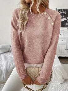 Oblique Button Crew Neck Soft Women Pullover Sweater, Solid Color Ribbed, Suitable For Everyday, Christmas, Valentine's Day, Spring/Autumn, Autumn/Winter - Coral Pink - View 4