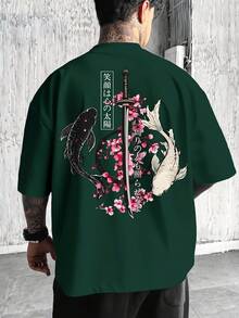 Unisex Japanese Style T-Shirt | Black And White Cherry Blossom And Koi Carp With Samurai Sword Design | Casual Loose Fit, Crew Neck, Comfortable Fabric, Ideal For Spring And Summer - màu xanh lá - Xem 2
