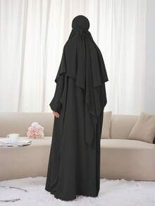 1 Bộ (Khimar và Abaya) - 1 chiếc váy Hồi giáo màu trơn mềm mại, thoáng khí + 1 chiếc khăn trùm đầu đơn giản đa năng, phù hợp để phụ nữ mặc hàng ngày vào mùa xuân, hè và thu - Nhiều màu - Xem 2
