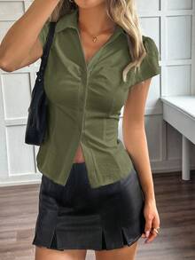 Y2K Preppy Style Women's Shirt, With Collar, Front Button, And Tie Back Design, Fitted Cute Short Sleeve Top, Suitable For Graduation Season, Street Style And Dates Summer - Army Green - View 2