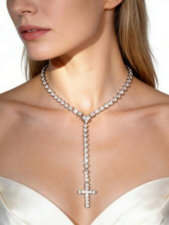 1pc Simple Cross Rhinestone Long Necklace Necklace With Cross Rhinestone Pendant, Suitable For Daily Wear, Holiday Party Neck Decoration, Wedding Banquet Jewelry Accessories