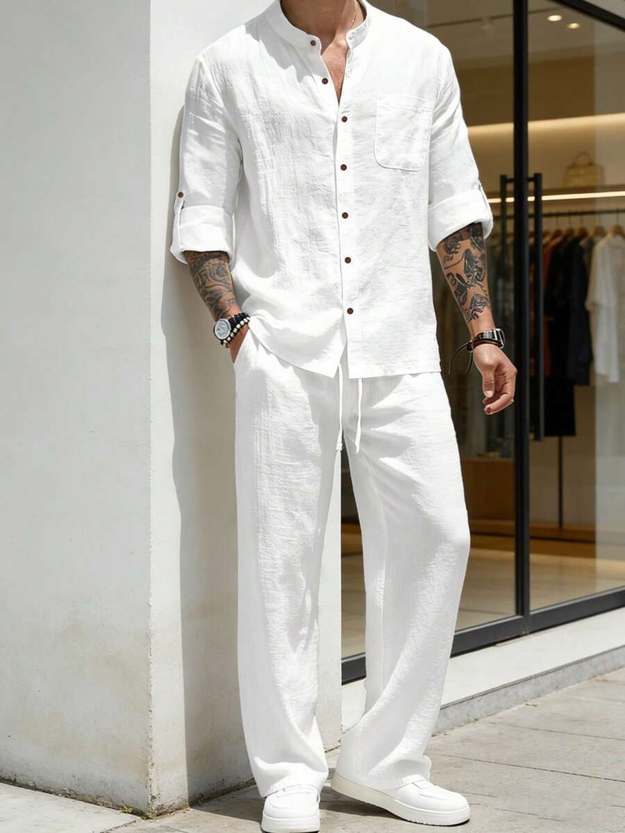 Men's Solid Color Linen Button-Up Long Sleeve Mandarin Collar Shirt And Pants, Vacation Casual Husband 2-Piece Set