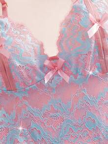 睫毛蕾丝性感内衣套装蝴蝶结镂空露胸文胸开裆女式V领性感可调节肩带内衣套装 - 天藍色 - 查看 5