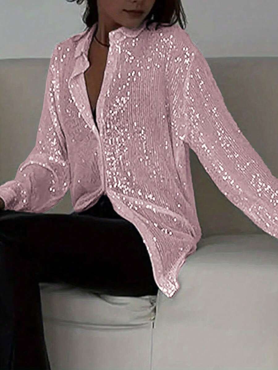 Women's Sequined Long-Sleeved Collar Shirt Button-Down Cardigan Loose Shirt, Fashionable, Suitable For Street, Music Festivals, Parties - Pink - View 1