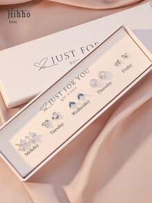 Hihho 10pcs/Set (Exquisite White Gift Box) Sparkling Cubic Zirconia Inlaid Butterfly, Heart, Starburst, 5-Petal Flower, Four-Leaf Clover Design Earring Set, Weekly Earrings, Charming Stud Earrings, Best Gift For Elegant Girls - Multicolor - View 2