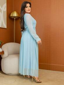 Long Tulle Dress, Plain Fabric, With Belt, For Weddings Or Holidays. - 藍池 - 查看 2