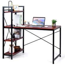 Computer Desk With 4 Tier Shelves, Study Writing Table With Storage Bookshelves, Compact Home Office Workstation, 47.5" Tower Desk With Steel Frame & Adjustable Feet Pad, Red Brown - Red Brown - View 1