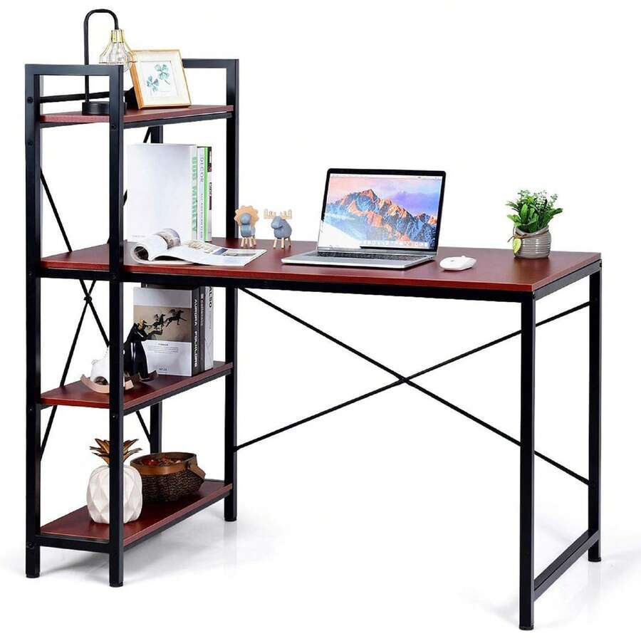 Computer Desk With 4 Tier Shelves, Study Writing Table With Storage Bookshelves, Compact Home Office Workstation, 47.5" Tower Desk With Steel Frame & Adjustable Feet Pad, Red Brown - 紅棕色 - 查看 1