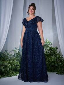 V领荷叶领刺绣蕾丝长裙 - 藏蓝色 - 查看 6