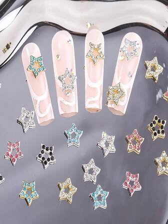 Set de 15 piezas Nuevos accesorios de arte de uñas en forma de estrella de 5 puntas, decoraciones de uñas 3D huecas, estrellas de aleación de plata, rhinestones para uñas al por mayor