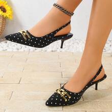 2026新款尖头凉鞋，黑白波点金属扣尖头高跟鞋，细高跟女鞋，时尚通勤鞋 - 黑色 - 查看 7