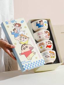 CRAYON SHINCHAN 4个蜡笔小新陶瓷汤碗 - 4.5英寸瓷质深碗，耐刮擦，可微波炉加热，适合盛放拉面、麦片、水果、沙拉、意面、燕麦粥、甜点等，是圣诞节和生日礼物的完美之选。