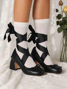 Women's Ballet High Heels Mary Janes Elegant Satin Lace Up Ballerina Chunky Heels Bow Knot Sweet Cute Party Date Versatile Shoes For Women - 黑色 - 查看 1