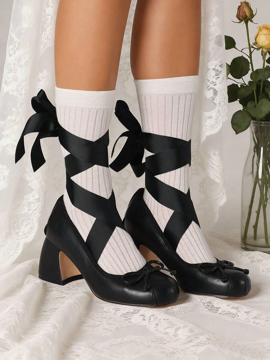 Women's Ballet High Heels Mary Janes Elegant Satin Lace Up Ballerina Chunky Heels Bow Knot Sweet Cute Party Date Versatile Shoes For Women - 黑色 - 查看 1