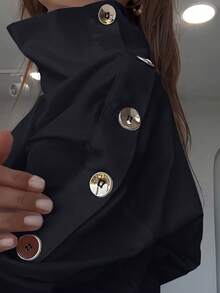 大码女式休闲纯色高领纽扣衬衫，春夏款，黑色 - 黑色 - 查看 6