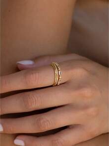 3件套时尚叠戴戒指，金色合成锆石，波西米亚风性感款，适合音乐节、度假及日常佩戴（无包装盒） - 金色 - 查看 5