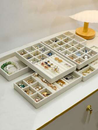 1pc/4pcs Stackable Velvet Jewelry Tray, Jewelry Storage Display Tray, Full Velvet Material, Suitable For Drawers, Earrings Necklaces Bracelets Rings Storage Box (Gray, Dark Green, Pink)