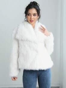 Faux Fur Fluffy Warm Long Sleeve Autumn/Winter Jacket - White - View 4