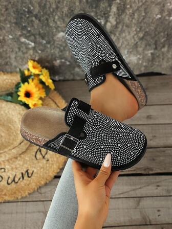 Women's Flat Sandals, Ladies Slip-On Sandals, Comfortable & Fashionable, Rhinestone Embellished Shiny Vamp, Metal Buckle Decor, Round Toe, Low Heel, Non-Slip Rubber Sole, Closed-Toe Slip-On Sandals, Elegant Party Dress Sandals
