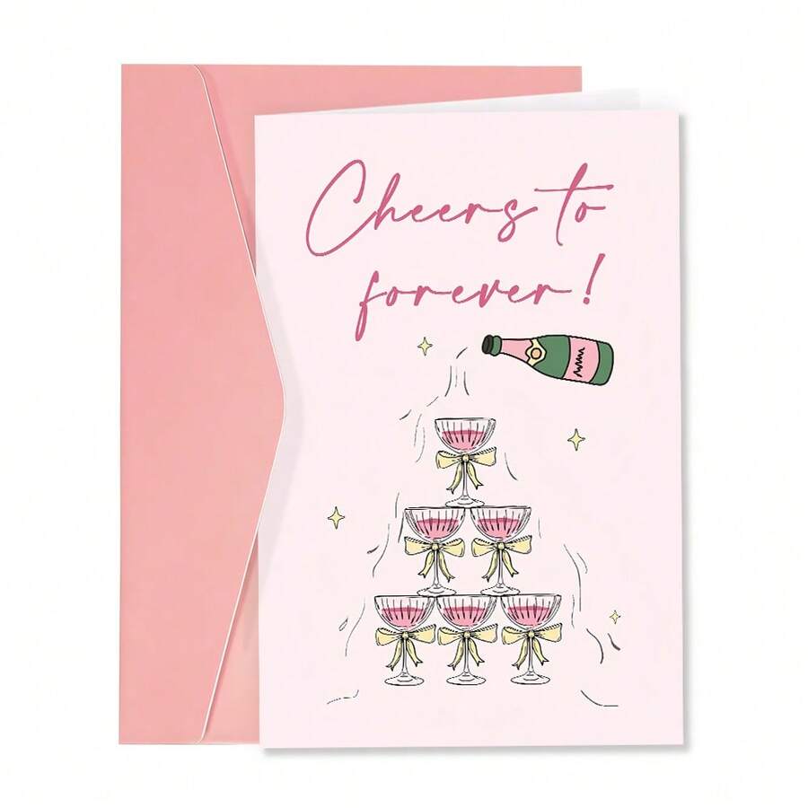 1pc Cheers To Forever Engagement Card For Couple, Wedding Congratulations Card Gift For Her Him, Romantic Cards For Fiance Sister Brother Best Friend - Multicolor - View 1