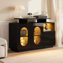 Elegant Black LED Sideboard With Oval Glass Doors And A High-Gloss Front: Combines Modern Design With Practical Storage Space. Ideal As A Display Cabinet, Sideboard, Or Minibar For Stylish Spaces. - Black - View 3
