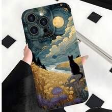 2026 nueva funda de teléfono esmerilada, funda de teléfono con paisaje de noche estrellada, impresión artística de gato negro y flores para iPhone 17 14 Pro Max 13 12 11 Xs X  Galaxy S23 S22 S21 S20 Fe Note 20 Ultra, funda protectora para teléfono, regalo para novio o novia, regalo de vacaciones - Negro - Ver 3