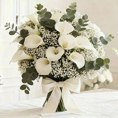 36pcs White Calla Lily & Baby's Breath Artificial Flower Bouquet, Suitable For Wedding, Bridal Gift, Blessing Gift, Home Decor, Fake Calla Lily Flowers, Artificial Plants, For Home Crafts Decor, Valentine's Day, Birthday Gift, Plastic Flowers, Artificial Eucalyptus Leaves & Stems, Fake Flowers, Back To School Room Decor, School Supplies