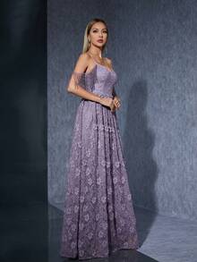 Spaghetti Strap V-Neck Beaded Fringe Panel Dress With 3d Sequin Embroidery Lace Pleated A-Line Full-Length Gown - Purple - View 6