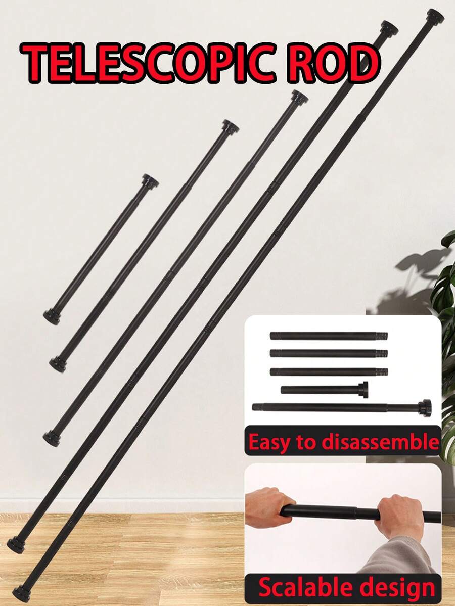 Extendable Stainless Steel Tension Rod - No Drilling Required, Adjustable Length For Curtains, Wardrobe, Shower Curtain, Drying Rack - Silver, Black, White, Gray Options With Plastic Base