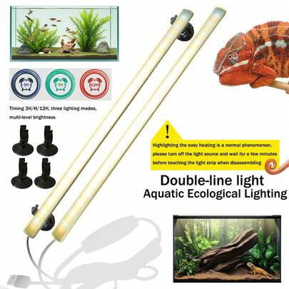 二合一 USB 双头照明灯，双色温两栖动物照明灯，可调光定时器，3 种照明模式，吸盘夹固定在水族箱外部，不防水，适用于室内两栖动物和鱼缸照明（鱼、龟、变色龙、蜥蜴）