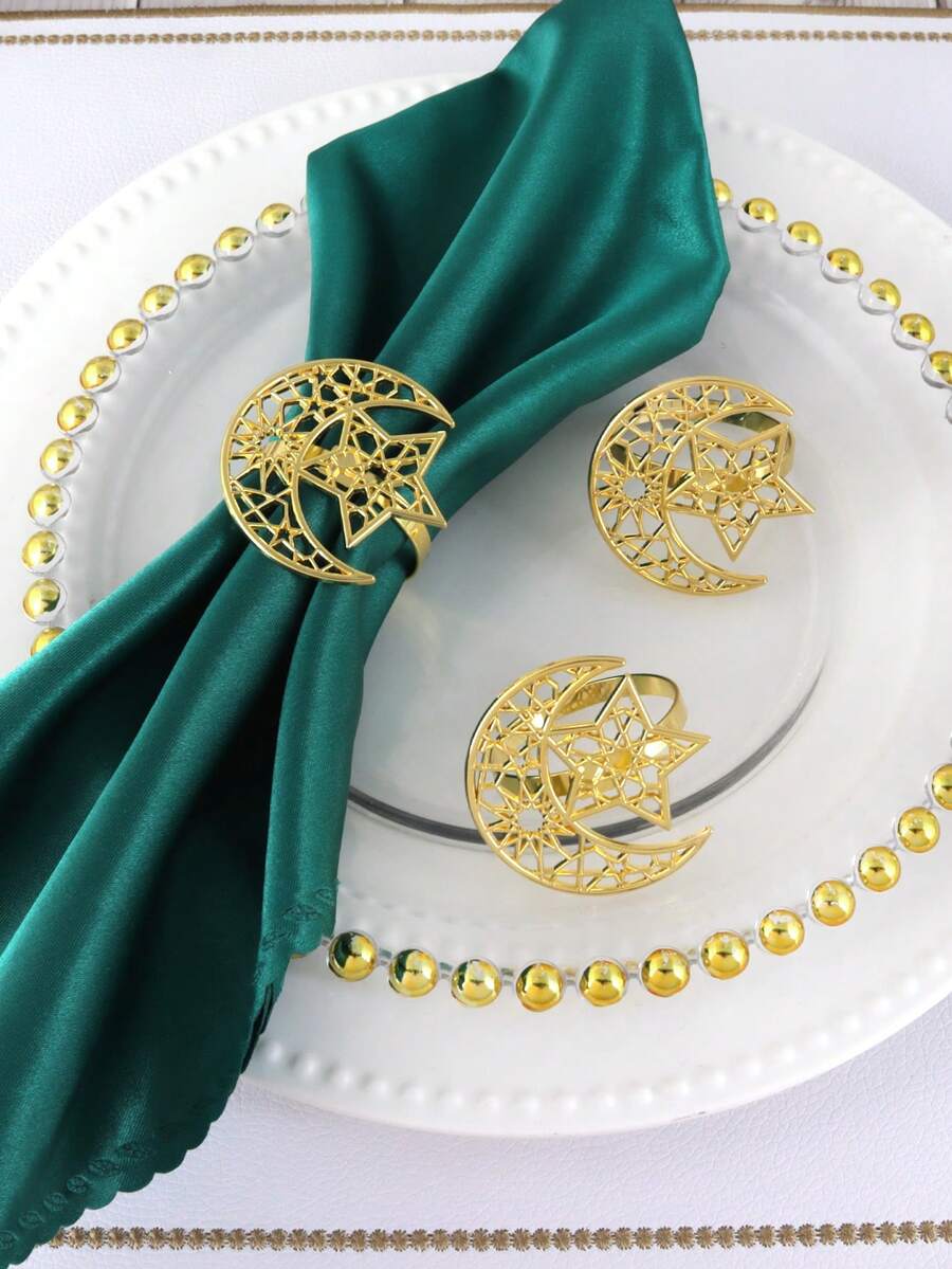 6pcs Gold Hollow Star & Moon Napkin Rings, Suitable For Holiday Party Table Decor, Banquet Napkin Holders