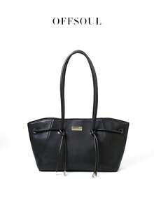 复古梯形翼形女士公文包，新款通勤OL办公手提包，大容量高端单肩托特包 - 黑色 - 查看 4