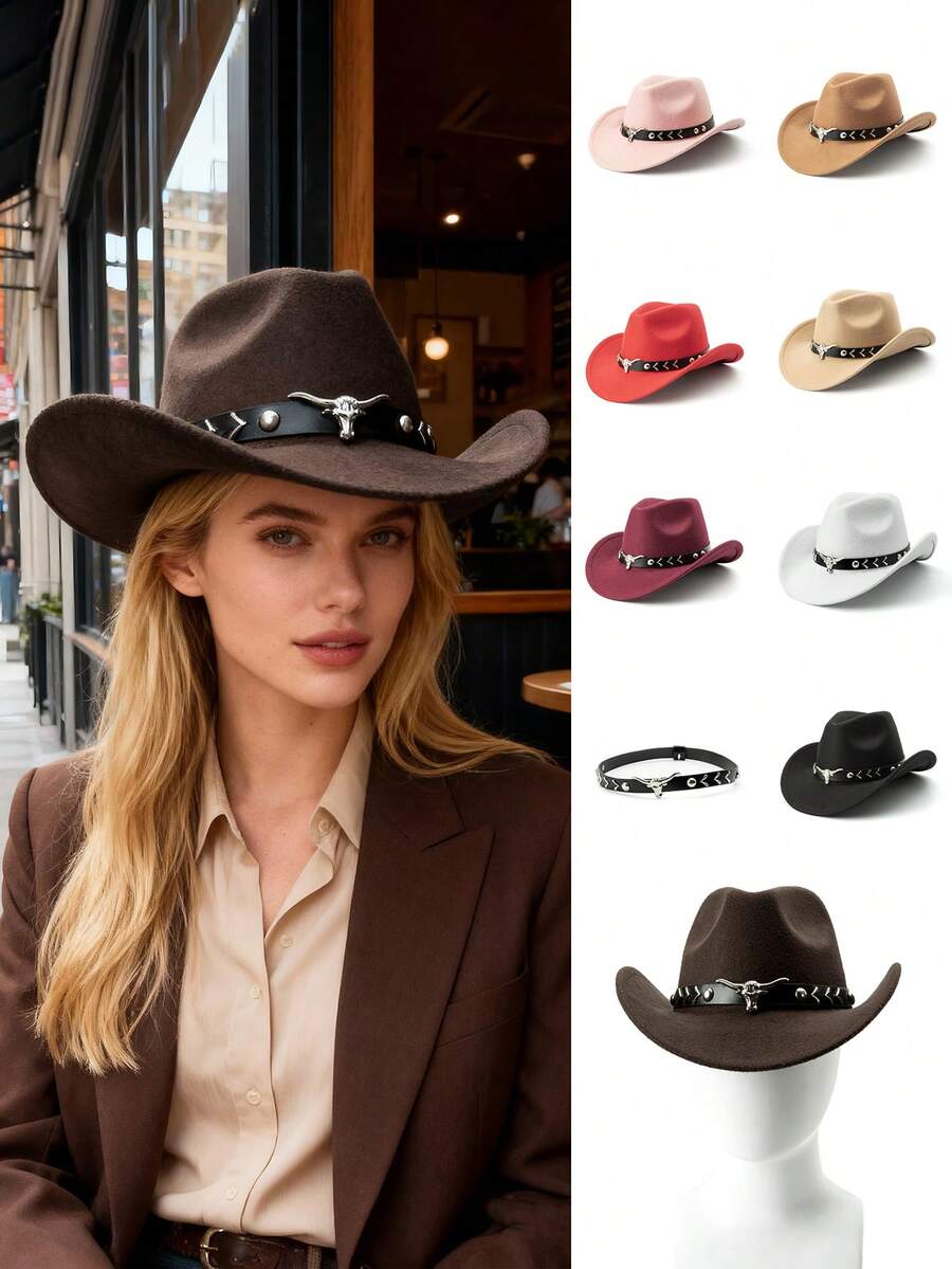 1顶男士涤纶西部牛仔帽，复古风格，男女皆宜，饰有公牛图案，适合休闲穿着、西部牛仔派对、酒吧等场合。