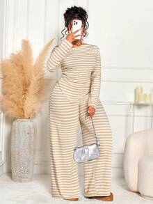 BIUBIU Plus Size Women Casual Asymmetric Shoulder Striped Top + High Waist Wide Leg Pants 2 Pieces Set, Warm & Slimming For Autumn/Winter