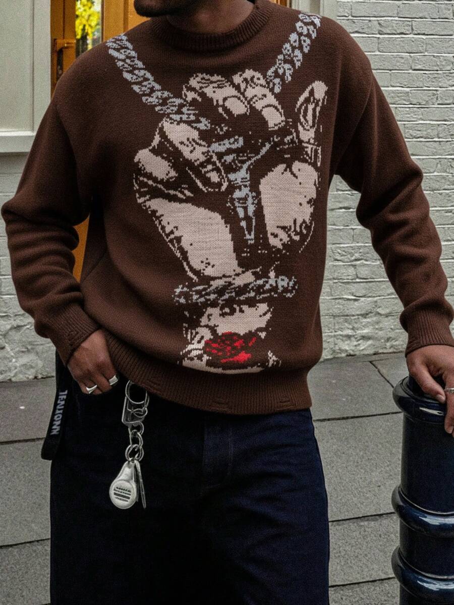 ANDREILEE 男士休闲宽松纯色套头毛衣，饰有手工缠绕的单十字架吊坠、玫瑰花复古哥特图案、圆领、长袖针织衫，适合秋冬季穿着。 - 咖啡棕 - 查看 1