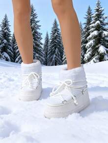 优雅系带女靴，防滑、保暖、舒适，时尚百搭，适合户外冬季穿着 - 白色 - 查看 4