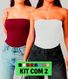 KIT 2 Women's Basic Strapless Cropped Tube Tops, Double Fabric, No Padding - Wine + White - View 1
