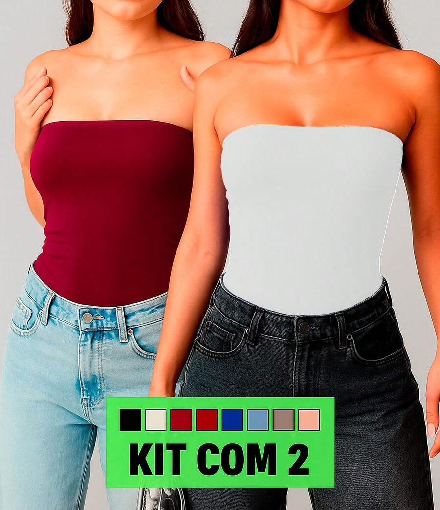 KIT 2 Women's Basic Strapless Cropped Tube Tops, Double Fabric, No Padding - Wine + White - View 1