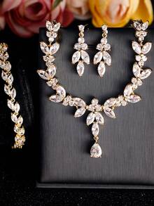 rakol 优雅女士首饰套装：1条项链+1条手链+2副耳环，采用铜锆石镀18K金工艺，是婚礼新娘和情人节的完美礼物。 - 首飾套裝 - 查看 5