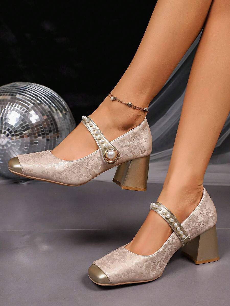 Women's High Heels, Round Toe, Chunky Heel, Single Strap With Buckle, Embroidered Design, Elegant And Unique, Gorgeous And Comfortable, Suitable For Parties, Banquets, And Everyday Commuting. - Apricot - View 1