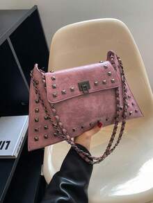 1pc Solid Color PU Leather Handbag With Lock Closure, Fashionable Crossbody Bag For Shopping, Dating, Women's Gift, Great For Office, School, Work - 粉色 - 查看 11
