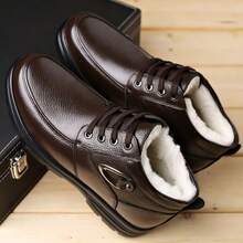 1 Pair Solid Color Business Polyester Comfortable Casual Thermal-Lined Formal Dress Shoes, Suitable For Office Wear In Winter - Brown - View 4