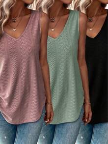 Bộ áo tank top dáng rộng cổ chữ V khoét rỗng bằng vải jacquard dành cho nữ cỡ lớn, phong cách thường ngày mùa hè. - Hồng, xanh lá cây và đen - Xem 1